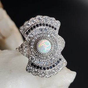 Sterling 925 Silver Ring Natural Opal Jewelry Black White Topaz Crystal
